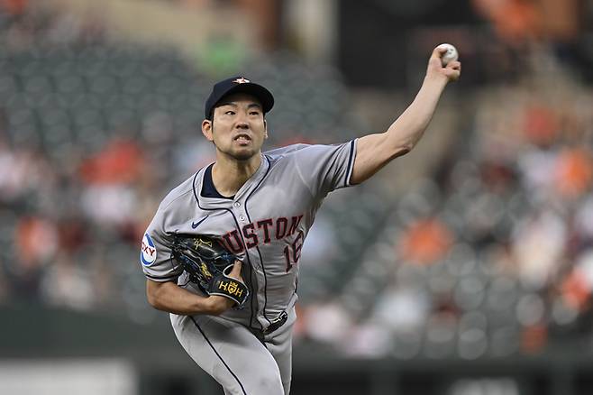 휴스턴 기쿠치 유세이가 26일 볼티모어전에 선발 등판, 역투하고 있다. AP연합뉴스