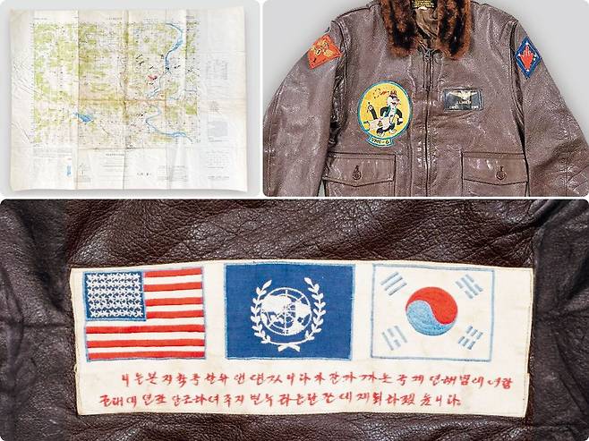 이베이에서 판매하는 6·25전쟁 당시 숙천·순천 공수작전지도(왼쪽 위). 미 해병대의 가죽 비행 재킷(오른쪽 위)과 이 재킷의 뒷면에 새겨진 성조기·유엔기·태극기(아래). /이베이