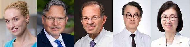 지아이이노베이션의 GI-102 임상자문단. 왼쪽부터 조지나&nbsp;롱(Georgina Long) 호주 시드니대 의대 교수, 이고르&nbsp;푸자노브(Igor Puzanov) 미국 로스웰파크종합암센터 종양학과 교수, 마리오 슈늘(Mario Sznol) 미국 예일대 의대 교수, 방영주 서울대 명예교수, 문한림 메디라마 대표./지아이이노베이션