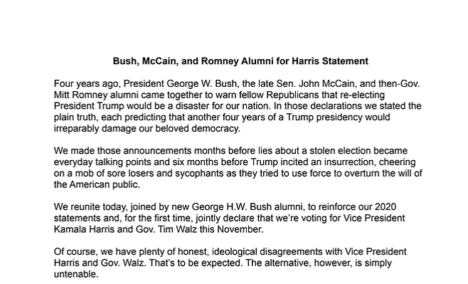 전 공화당 대선 후보 캠프에서 일했던 핵심 당원들이 민주당 후보인 카멀라 해리스 부통령과 팀 월즈 미네소타 주지사를 지지하고 나섰다. 서한 갈무리