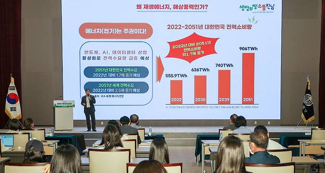 강상구 전남도청 에너지산업국장이 27일 서울 여의도 KRX한국거래소에서 세계일보 주최로 열린 2024 세계기후환경포럼에서 '1.5℃, 해상풍력이 답이다'를 주제로 발표를 하고 있다. 최상수 기자