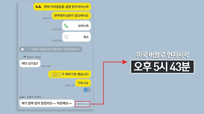 미국 버팔로 대학 연수자 A씨가 병원에 다녀온 후 인솔자와 나눈 메신저 대화 내용. 메신저 창에는 한국 시각으로 표시됐다. 현지 시각 평일 오후에 인솔자는 전화를 받지 않았고, 그 이유로 낮잠을 잤다고 밝혔다.