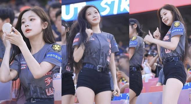 치어리더 이주은이 ‘삐끼삐끼 춤’을 추고 있다. [사진 = 내맘찍영]