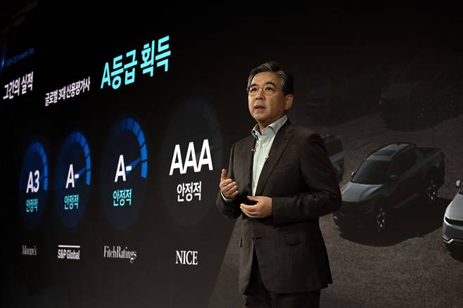 28일 서울 여의도 콘래드 호텔에서 열린 ‘2024 CEO 인베스터데이’에서 장재훈 현대차 사장이 발표하고 있다. [현대차 제공]