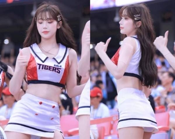 KIA타이거즈의 삼진아웃송인 ‘삐끼삐끼’ 춤을 추는 이주은 치어리더. 이주은 치어리더 인스타그램 갈무리