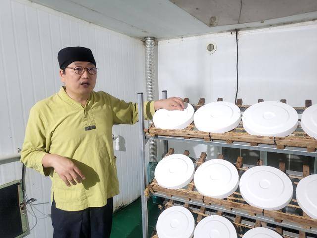 한영석 한영석발효연구소 소장이 8월 20일 전북 정읍 연구소 내 누룩발효실에서 발효 중인 전통 누룩을 소개하고 있다. 자연 상태에서 전통 누룩을 띄우려면 90일이 걸리는데, 한 소장은 누룩발효실의 온도·습도·바람·산소량을 제어하는 방식으로 기간을 45일로 단축했다. 발효가 끝난 누룩은 햇볕에 말려 살균하는 법제 과정(5일)을 거쳐 완성된다. 쌀에 단일 곰팡이균을 흩뿌려 만드는 일본식 누룩 '입국'과 달리 우리나라 전통 누룩은 공기 중 떠다니는 여러 누룩곰팡이가 자연스럽게 내려앉도록 하는 방식으로 만든다. 정읍=박준석 기자