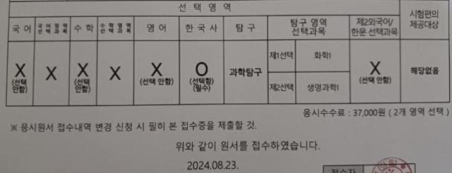 한 입시 커뮤니티에서 학부모로 추정되는 글 작성자가 올린 대학수학능력시험 원서 인증 사진. 해당 커뮤니티 캡처