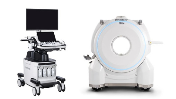 프리미엄 초음파 진단기기 'HERA W10 엘리트'(왼쪽), 이동형 CT '옴니톰 엘리트' 제품 이미지. [사진=삼성메디슨]