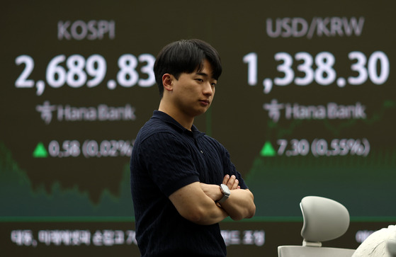 A screen in Hana Bank's trading room in central Seoul shows the Kospi closing at 2,689.83 points on Wednesday, up 0.02 percent, or 0.58 points, from the previous trading session. [YONHAP]