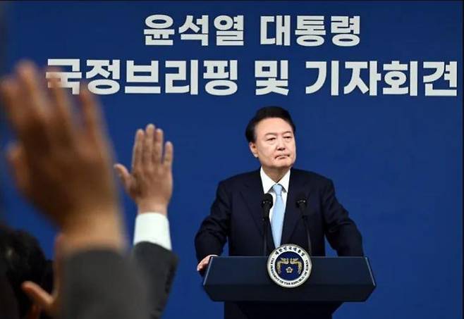 President Yoon Suk-yeol takes questions from reporters during a press conference held in the presidential office in Yongsan, Seoul, on August 29. Reporter Kim Chang-gil