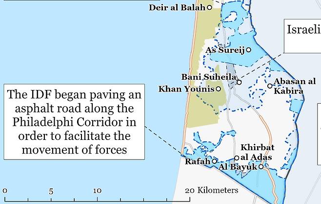 "이스라엘군, 필라델피 회랑에 아스팔트 포장" [ISW 캡처. 재판매 및 DB 금지]