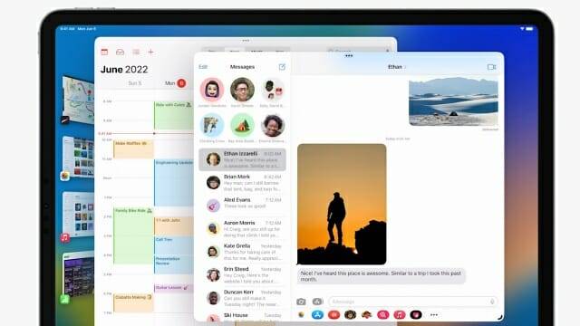 WWDC 22에 공개된 새 아이패드OS의 스테이지 매니저 기능. 이 기능을 이용하면 한 화면에 앱을 최대 4개까지 동시에 띄울 수 있다. (사진=애플)