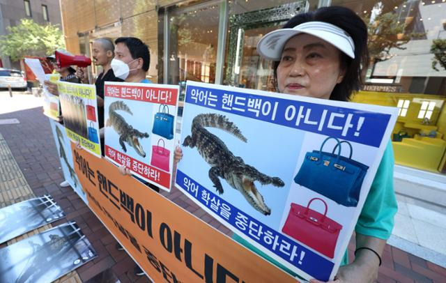 한국동물보호연합이 지난달 30일 서울 강남구 신사동 에르메스 매장 앞에서 기자회견을 열고 악어 가죽 제품 생산 및 사육 농장 운영 중단 등을 촉구하고 있다. 뉴시스