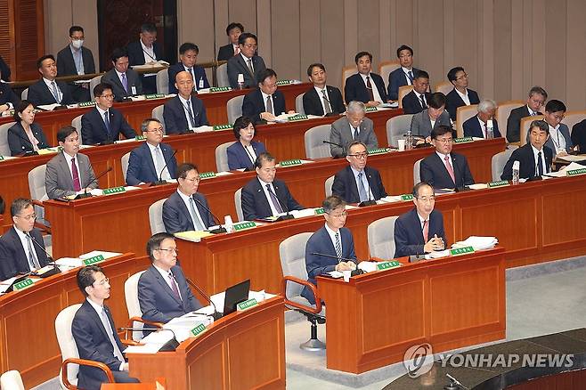 답변하는 한덕수 총리 (서울=연합뉴스) 김주성 기자 = 한덕수 국무총리가 2일 오전 국회에서 2023 회계연도 결산심사를 위해 열린 예산결산특별위원회 전체회의에서 종합정책질의에 답하고 있다. 2024.9.2 utzza@yna.co.kr