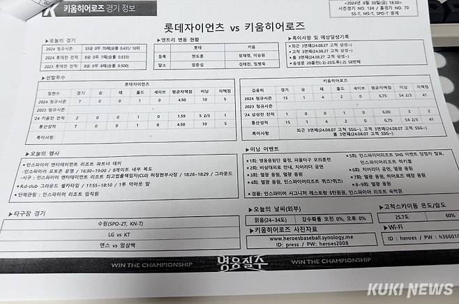 지난 8월30일 고척에서 열린 키움-롯데 전 미디어 대상으로 배포된 야구 기록지. 사진=이영재 기자