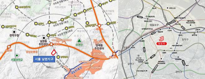 국토부가 서울 남현 공공주택지구와 신길15구역 도심 공공주택복합지구도 신규로 지정해 주택공급 속도를 높인다. 사진은 서울 남현 공공주택지구(왼쪽)와 신길 15공공주택복합지구 위치도. /사진=국토부