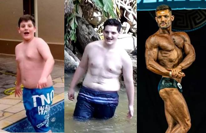 한때 뚱뚱했던 10대가 살을 빼고 근육을 키워 보디빌더로 환골탈태한지 5년 만에 숨지는 사건이 발생했다. [사진=브라질 현지 매체 갈무리 및 마테우스 인스타그램 캡처]