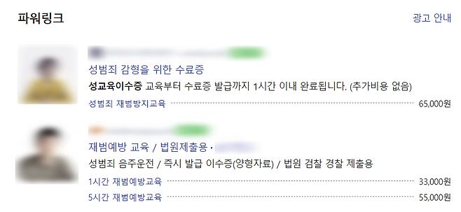 대놓고 '법원제출용' 성교육 이수증 발급을 홍보하는 업체들 / 사진=네이버 검색화면 캡처