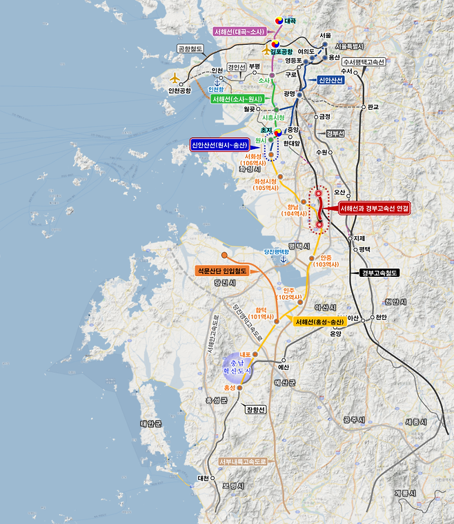11월 개통 예정인 충남 홍성에서 출발해 당진 합덕역을 거쳐 경기 화성까지 이어지는 서해 복선전철 노선도. 당진시