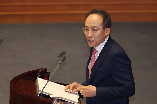 추경호 국민의힘 원내대표가 5일 오전 서울 여의도 국회에서 국정에 관한 교섭단체대표연설을 하고 있다./뉴시스