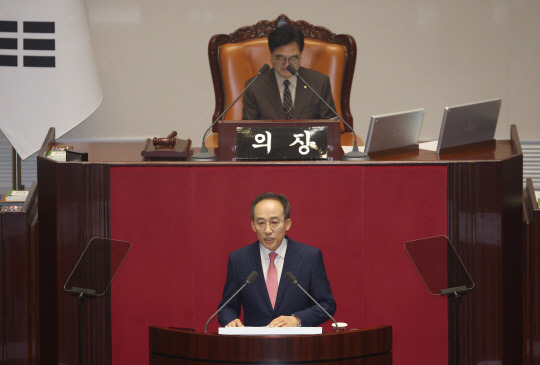 추경호 국민의힘 원내대표가 5일 국회 본회의에서 교섭단체 대표연설을 하고 있다.<연합뉴스 사진>