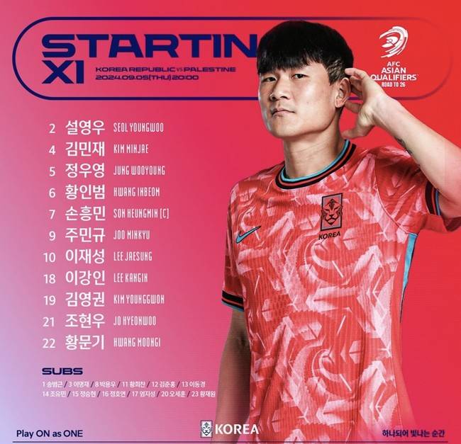 [사진=대한축구협회] 홍명보 감독이 이끄는 대한민국 축구 국가대표팀(FIFA 랭킹 23위)은 5일 오후 8시 서울월드컵경기장에서 열린 2026 국제축구연맹(FIFA) 북중미 월드컵(미국-캐나다-멕시코) 아시아 지역 3차 예선 1차전에서 팔레스타인(FIFA 랭킹 96위)과 0-0으로 비겼다. 이날 경기장엔 59,576명이 찾았다.