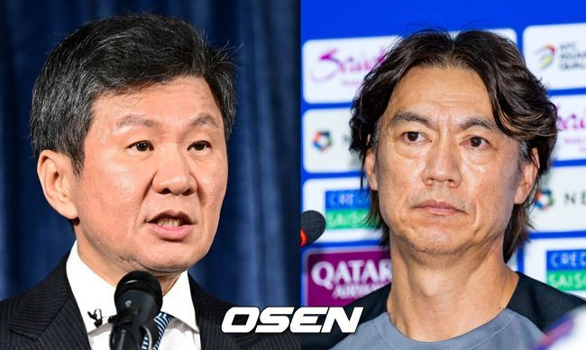 [사진]대한축구협회 정몽규 회장(왼쪽)과 홍명보 대한민국 축구대표팀 감독 /OSEN DB.