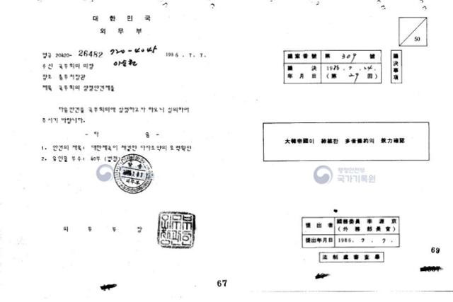 외무부(현 외교부)가 1986년 7월 24일 국무회의에 안건으로 상정한 내역과 '대한제국이 체결한 다자조약의 효력확인' 문서 표지. 국가기록원