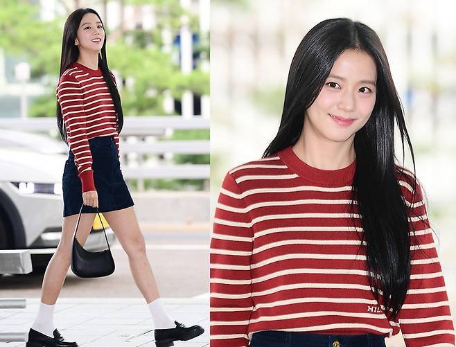 지수가 레드 스트라이프 티셔츠로 청순+러블리 매력을 발산했다.사진=MK스포츠 DB