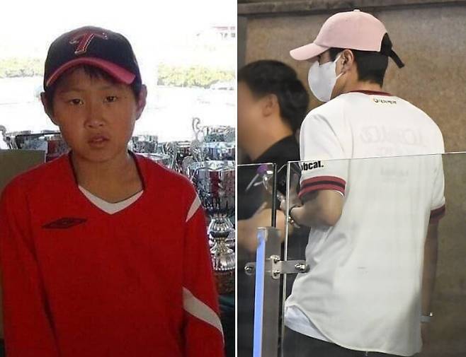 LG트윈스 모자를 쓰고 있는 어린 시절 이강인(왼쪽)과 지난 6월 12일 이강인이 잠실 경기장에서 두산 베어스 유니폼을 입고 있는 모습./ 온라인 커뮤니티· 스포츠조선