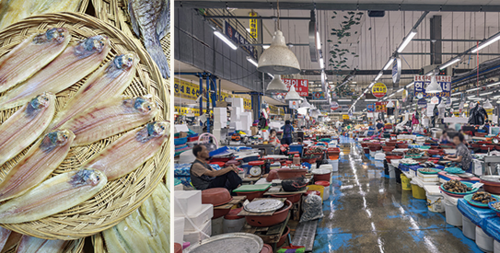 (왼쪽부터)말린 박대, 서해에서 잡은 싱싱한 수산물이 가득한 서천 수산물특화시장