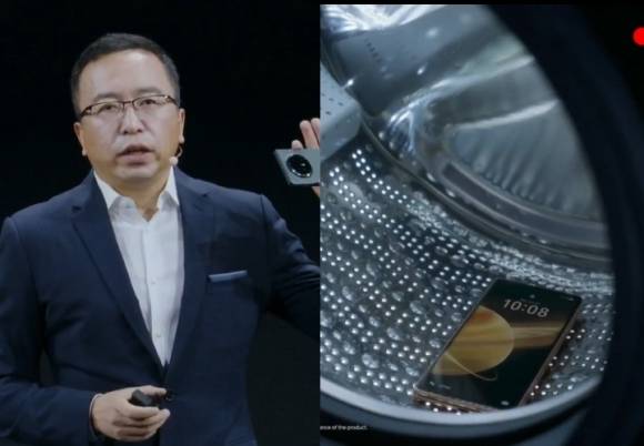 중국 전자회사 아너의  조지 자오 최고경영자(CEO)가 자사의 신제품 ‘매직V3’을 세탁기에 넣고 돌린 뒤에도 문제 없이 작동한다고 발표하고 있다. 아너 페이스북