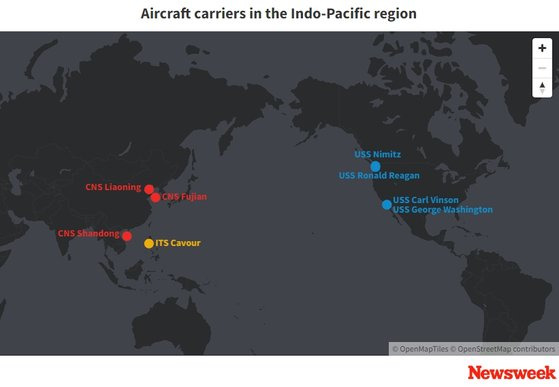 태평양의 미·중 항모 배치 현황. 뉴스위크