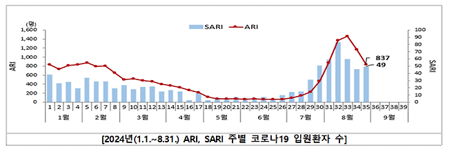 2024년 코로나19 표본감시 입원환자 수(빨간 선 그래프)와 중급성호흡감염증 표본감시 입원환자 수(파란 막대 그래프). 빨간 선 그래프를 보면 최근 2주 연속 환자 수 감소세가 뚜렷하다. 질병관리청 제공