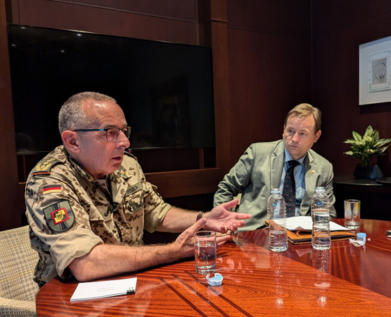 German Chief of Defense Gen. Carsten Breuer, left, and German Ambassador to Korea Georg Schmidt speak to reporters at a hotel in central Seoul on Monday afternoon. [GERMAN EMBASSY IN SEOUL]