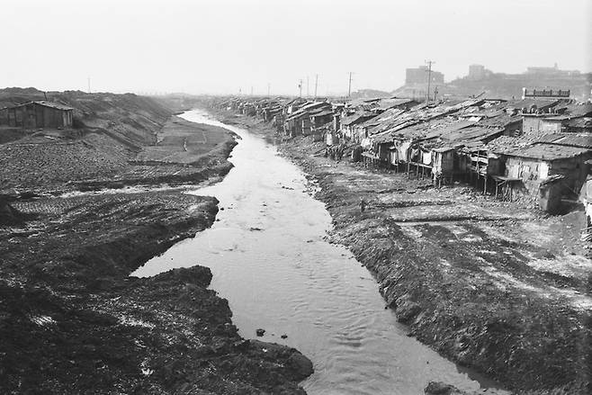 한양대 인근 청계천변(1976년 1월 5일 촬영). 물가 바로 옆으로 무허가 판자촌이 빽빽하다. [서울역사박물관]