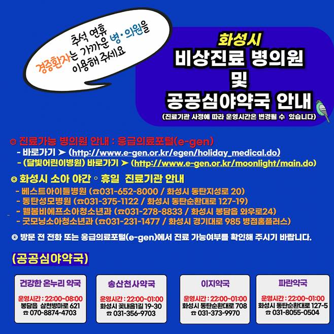 화성시 비상진료기관 및 심야약국 안내문 / 사진제공=화성시