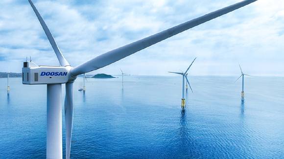 두산에너빌리티가 제주 한림읍 인근 해상에 설치한 5.5MW 해상풍력발전기 [사진=두산에너빌리티 제공]