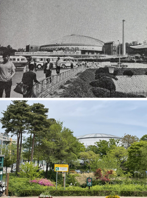 장충체육관 1971년(위쪽)과 2023년 | 셀수스협동조합 제공