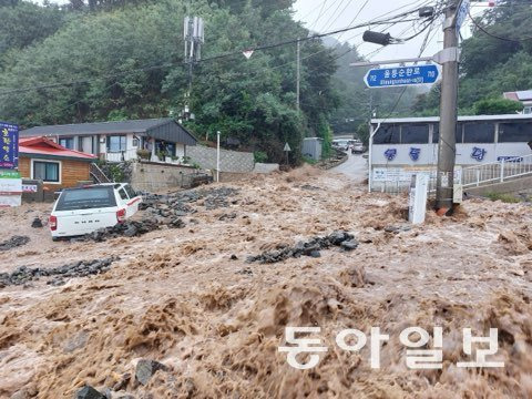 12일 경북 울릉군 울릉읍 사동리 한 도로에 폭우로 인한 토사가 흘러내리고 있다. 독자 제공