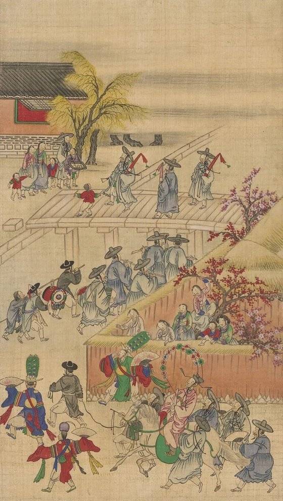 사대부 일생의 기념일들을 그린 평생도 가운데 ‘삼일유가(三日遊街)’. 장원급제자가 임금이 하사한 어사화(御賜花)를 꽂고 사흘 동안 친척을 찾아다니는 모습을 그린 것이다. [사진 국립중앙박물관, 국가유산청, 이익주]