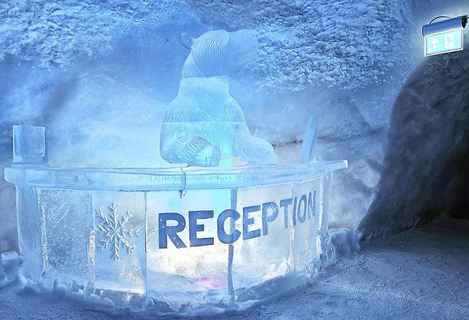 노르웨이 '스노 호텔 시르케네스'. 유럽에서 유일하게 여름에도 문을 여는 스노 호텔이다. 사진은 곰 얼음 조각상으로 분위기를 낸 스노 호텔 프런트. 손민호 기자