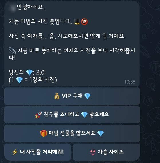 여성의 사진을 넣으면 자동으로 나체와 합성해 누드 사진을 만들어주는 텔레그램 '딥페이크 AI 봇'. 사진 텔레그램 캡처