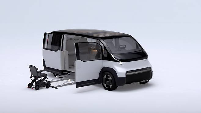 The PV5 Basic, showcased at CES 2024 and set to launch in 2025, features an advanced wheelchair-accessible lift and modular interior designed for personalized ride-hailing services. (Kia)