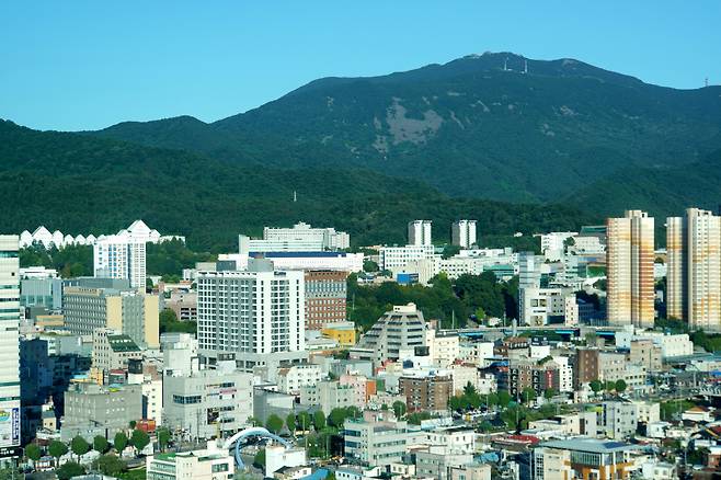 양림동을 지키는 양림산 꼭대기 사진공원 전망대에서 본 무등산과 조선대