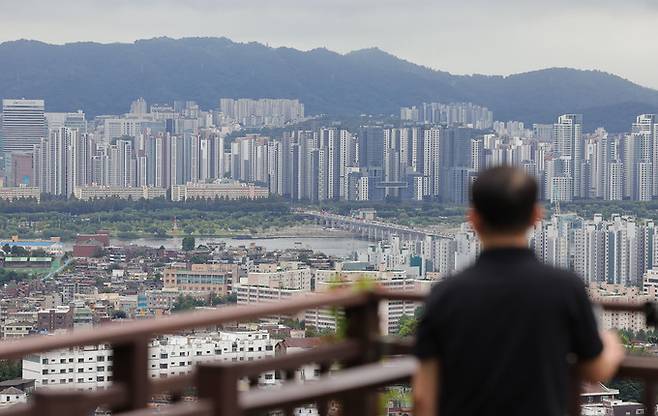 지난 12일 서울 남산을 찾은 한 시민이 아파트를 보고 있다. 이재문 기자