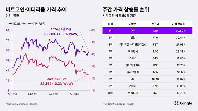 비트코인·이더리움 가격 추이와 주간 가격 상승률 순위. /쟁글 제공