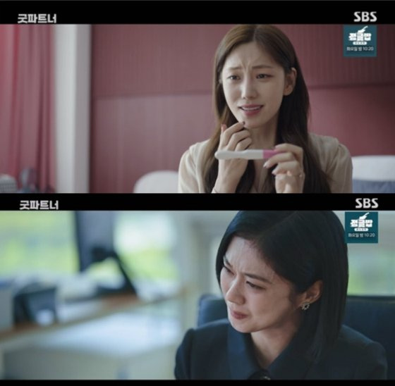 SBS 드라마 '굿파트너' 7화에서는 남편의 바람으로 눈물을 흘리는 차은경(장나라)과 임신에 기뻐하는 내연녀 최사라(한재이)의 모습이 교차됐다. SBS사진 SBS