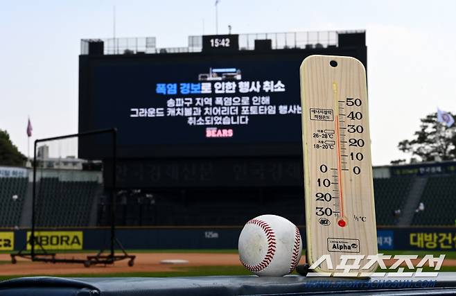 4일 잠실야구장에서 열린 키움과 두산의 경기, 전광판에 폭염 경보로 인한 행사 취소에 대한 안내가 나타나고 있다. 잠실=허상욱 기자 wook@sportschosun.com/2024.08.04/