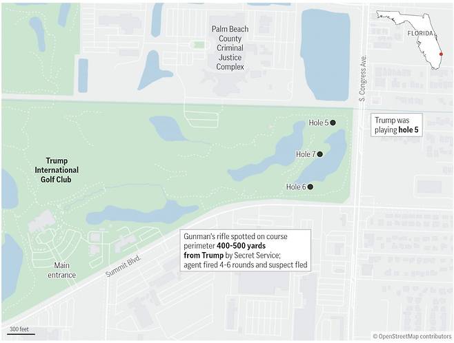 트럼프 전 대통령에 대한 암살 시도가 발각된 웨스트 팜 비치 골프장의 모습. 트럼프 전 대통령은 5번째 홀에서 이븐 파를 기록하고 있었으며 버디 퍼트를 앞두고 있었다고 션 해니티 폭스뉴스 진행자에게 말했다. /오픈스트리트맵, 더힐